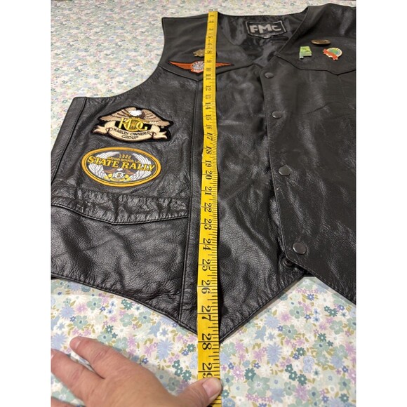 VINTAGE FMC MOTORCYCLE LEATHER VEST SZ 3XL (54) HARLEY DAVIDSON PATCHES, PINS - Picture 12 of 16